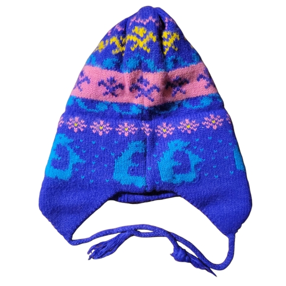 Vtg Woman's Heavy Knit Winter Ski Hat Cap Ear Flaps Cord Tassels Pink Purple - Picture 7 of 8